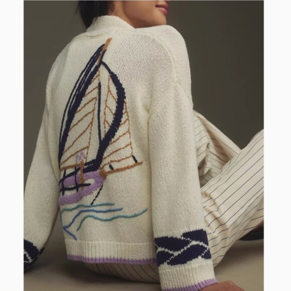 Anthropologie Maeve Maggie Sailboat Cardigan Sweater Lilac Women Size XS Small - Picture 12 of 13